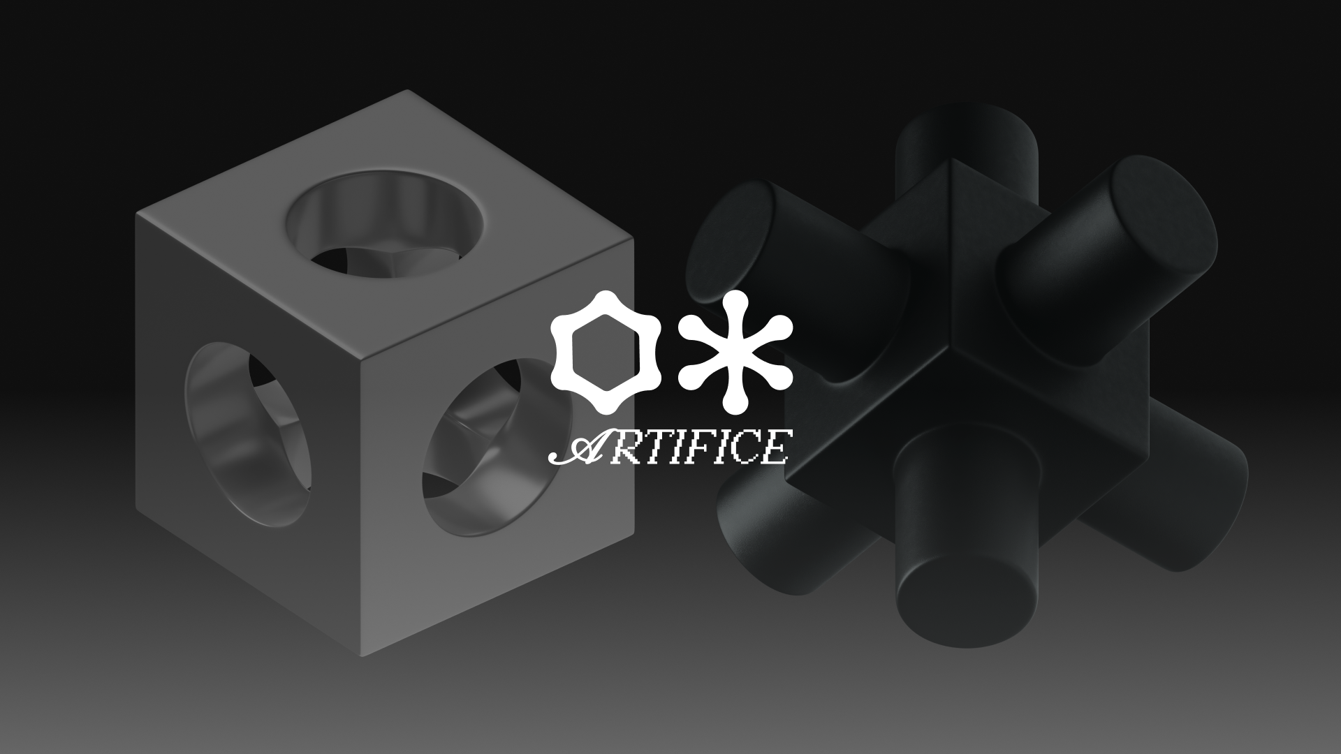 The two Artifice formats as objects: an open cube bored through on every face, and a cube with a shaft on every face, with the lockup between them